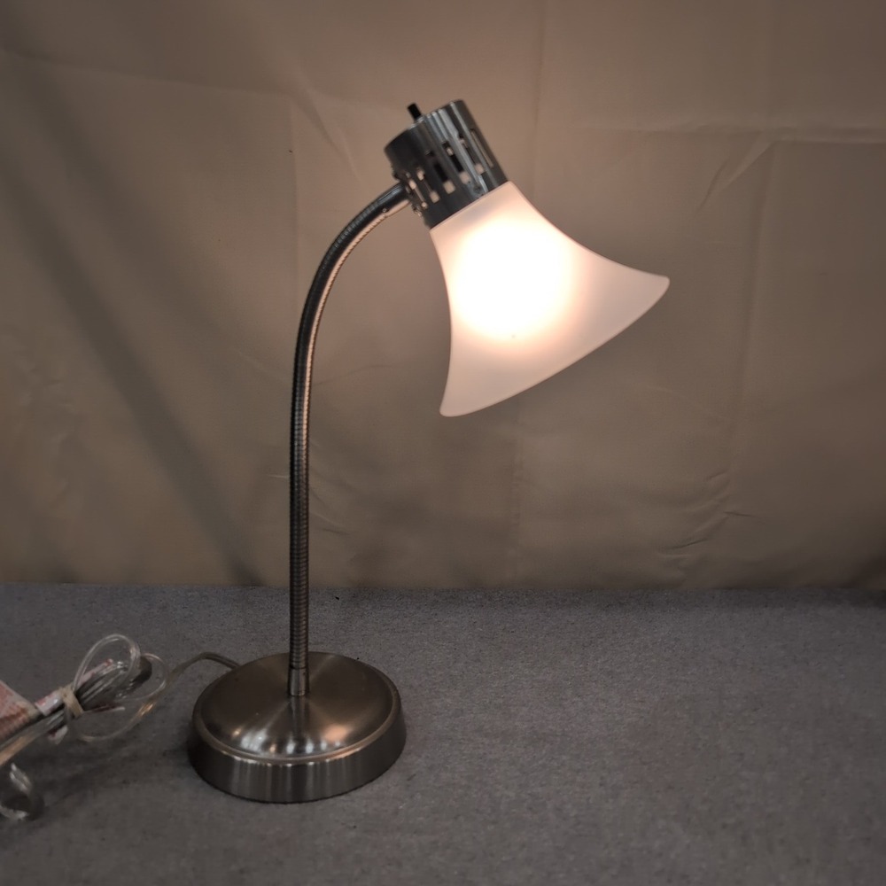 Brushed Nickel Gooseneck Desk Lamp Frosted White Glass Tulip Shade Adjustable - Picture 3 of 4
